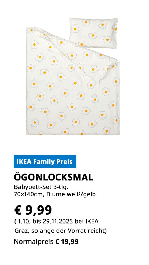 3 teiliges Baby-Bettwäsche-Set Ögonlocksmal, 70x140cm, Blume weiß-gelb, statt € 19,99 um € 9,99.
