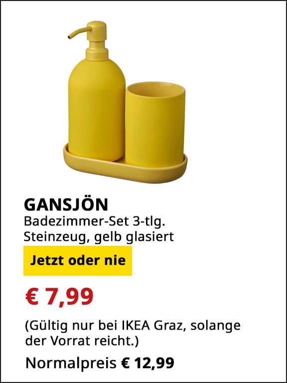3 teiliges Badtimmerset Gansjön, Steinzeug, gelb glasiert ,1 Seifenspender, 1 Zahnbürstenhalter  und 1 Schale, statt € 12,99 um € 7,99.