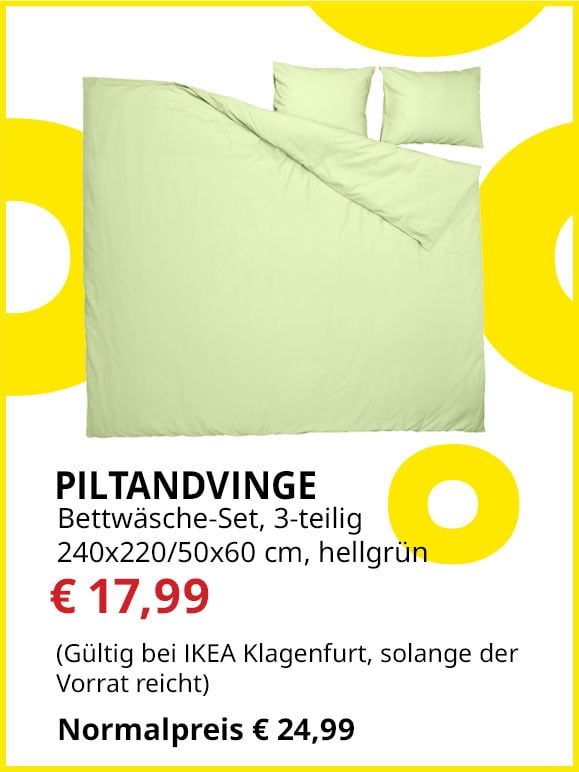 3-teiliges Bettwäsche-Set Piltandvinge, 240x220/ 50x60cm, hellgrün, statt € 24,99 um € 17,99.