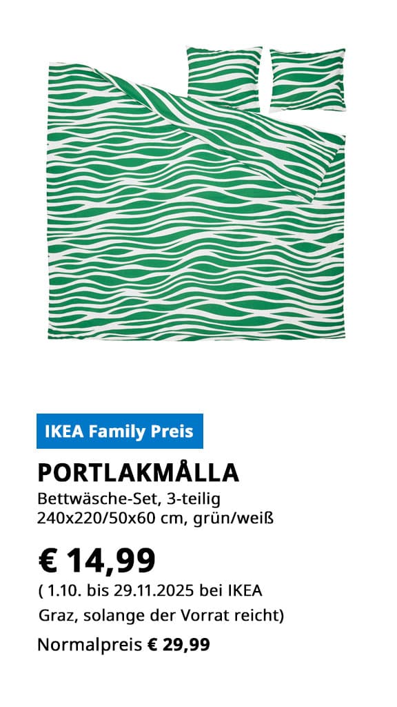 3 teiliges Bettwäsche-Set Portlakmålla, 240x220/50x60 cm, grün weiß, statt € 29,99 um € 14,99.