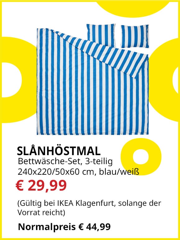 3-teiliges Bettwäsche-Set Slånhöstmal, 240x220/ 50x60cm, gestreift blau-weiß, statt € 44,99 um € 29,99.