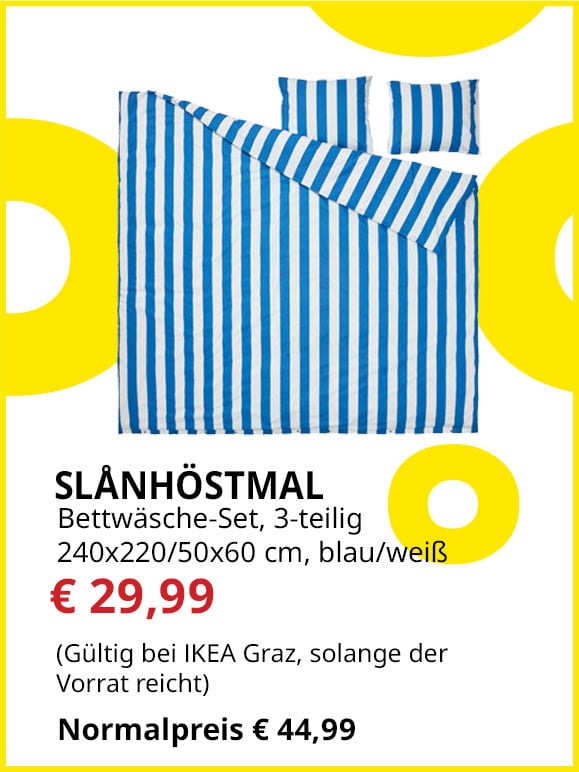 3-teiliges Bettwäsche-Set Slånhöstmal, 240x220/ 50x60cm, gestreift blau-weiß, statt € 44,99 um € 29,99.