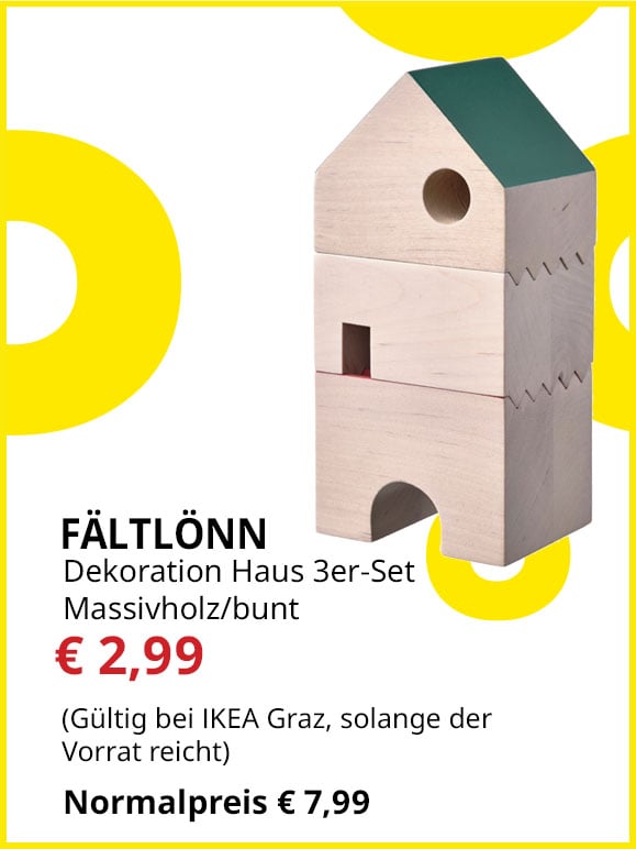 3-teiliges Deko-Haus-Set Faltlönn, Massivholz, bunt, statt € 7,99 um € 2,99.