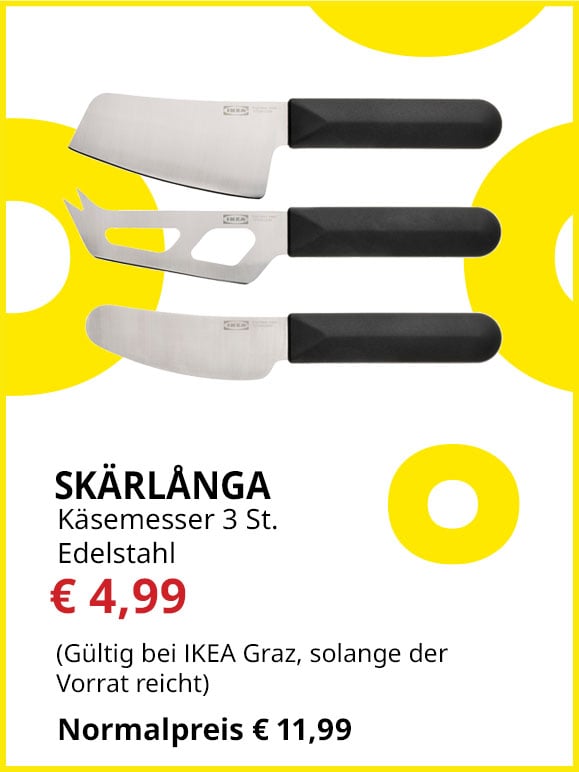 3-teiliges Käsemesser-Set Skärlånga, Edelstahl, schwarz, statt € 11,99 um € 4,99. Für Weich-, Mittelharten,- und Hartkäse.