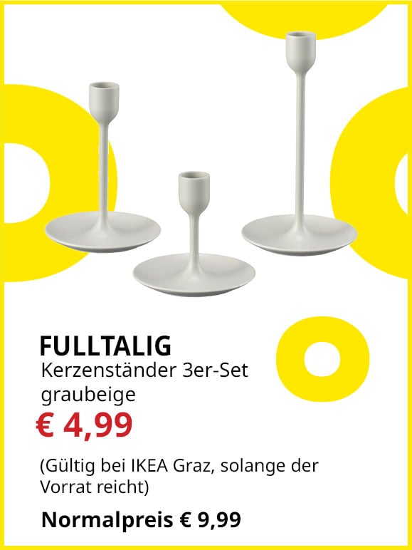 3-teiliges Kerzenständer-Set Fullltalig, helles Graubeige, statt € 9,99 um € 4,99.