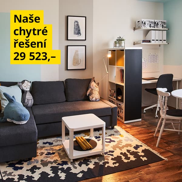 3 v 1: Obývací pokoj s jídelním koutem a pracovním stolem.