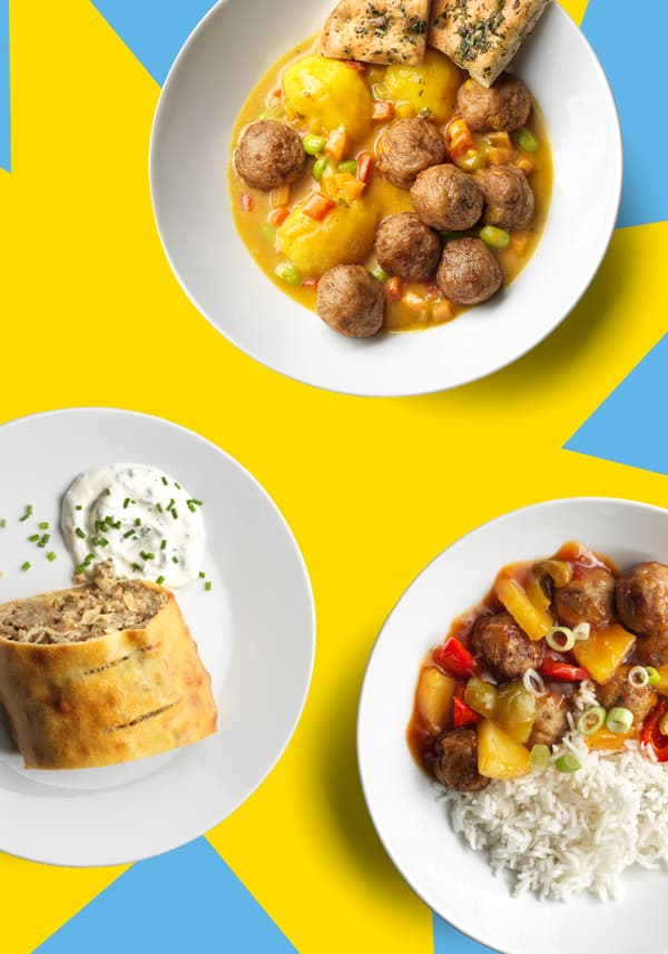 3 verschiedene Bällchengerichte auf einem gelb-blauen Hintergrund.