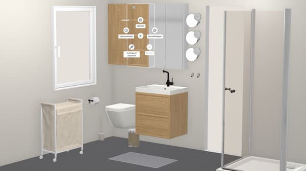 3D Ansicht aus dem Badezimmerplaner, in dem bereits eine Waschkommode und ein Spiegelschrank und weitere Details geplant wurden.