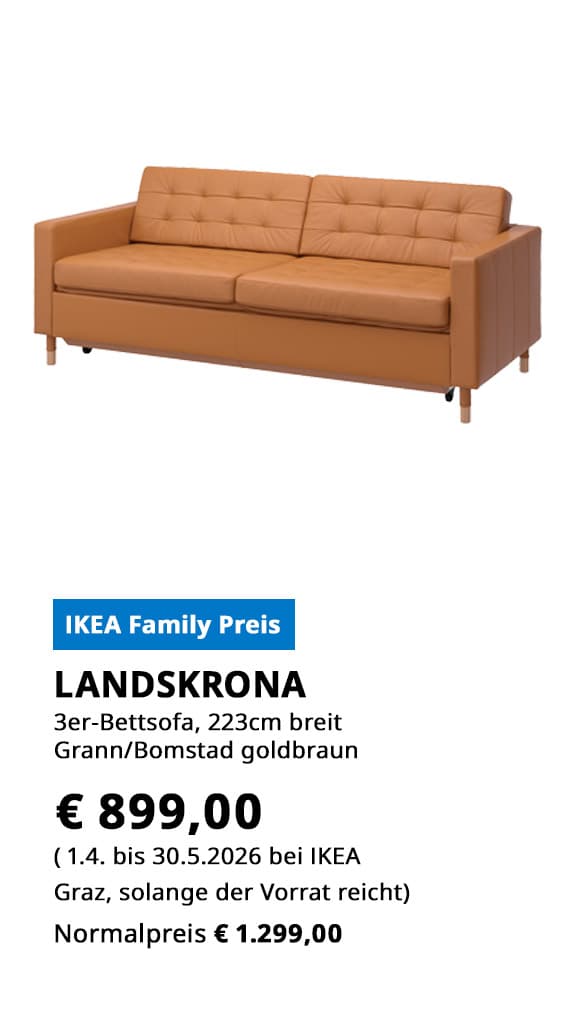 3er Besttsofa Landskrona, 223cm breit, Grann/ BOMSTAD goldbraun, statt € 1.299 zum IKEA Family Preis von € 899.