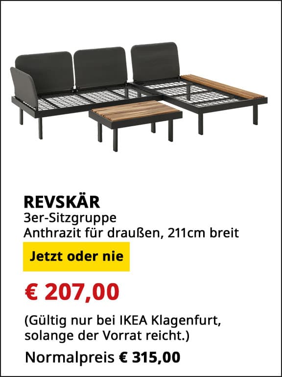 3er Sitzgruppe REVSKÄR, für Draußen,  ohne Polster, 211cm breit, statt € 315 um € 207.