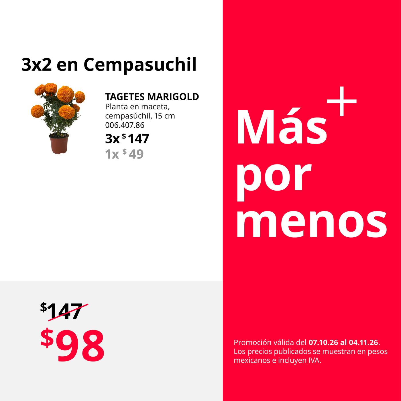 3x2 en cempasúchil, gráfico con tonos blancos, grises y rojos.