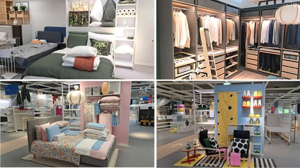 4 Bilder, die unterschiedliche Bereiche des Umbaues bei IKEA Klagenfurt zeigen.