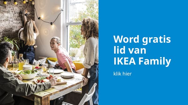 4 mensen zitten samen aan tafel en de tekst Word gratis lid van IKEA Family staat hierbij.