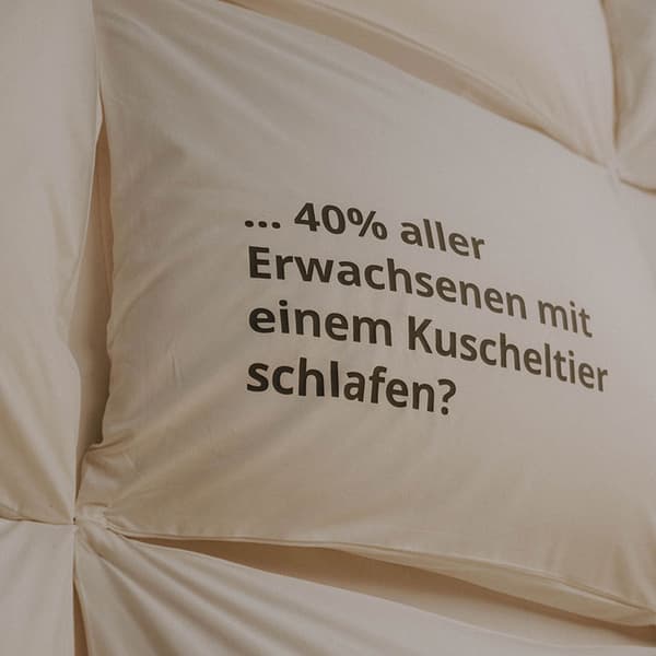 40% aller Erwachsenen mit einem Kuscheltier schlafen?. Auf einem Polster aufgedruckt