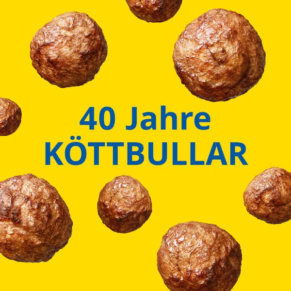 40 Jahre Köttbullar Grafik mit mehreren Fleisch(los)bällchen und gelbem Hintergrund