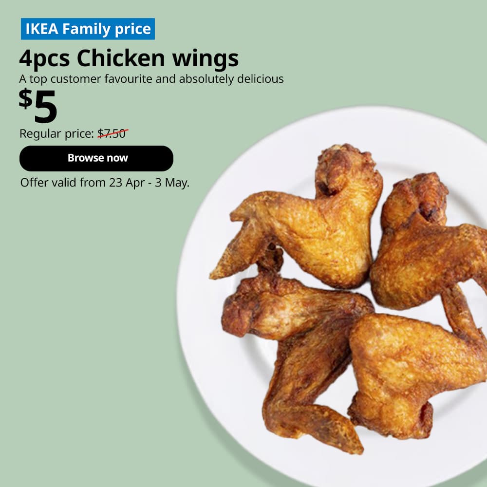 4pcs Chicken wings. Price: $5. Regular price: $7.90. Offer valid from 23 Apr - 3 May.