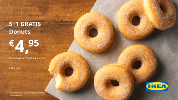5 + 1 GRATIS Donuts – 6 Donuts für € 4,95
(Normalpreis: € 5,94 / € 0,99 pro Stück)