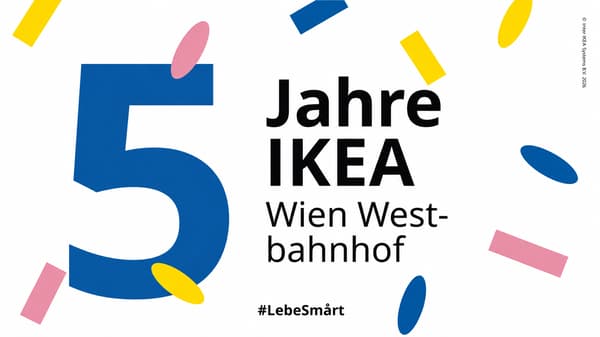 5 Jahre IKEA Wien Westbahnhof auf weißem Hintergrund mit buntem Konfetti im Hintergrund.