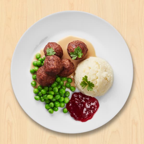 5 plantebaserede boller  med kartoffelmos, ærter, flødesauce og tyttebærsyltetøj 