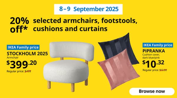 6-7 September 2025. IKEA 9.9 product offers for IKEA Family Fest. STOCKHOLM 2025 armchair and dark blue/pink PIPRANKA cushion covers.
