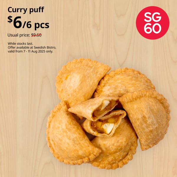 6 curry puffs for $6 only at IKEA Swedish Bistro for SG60