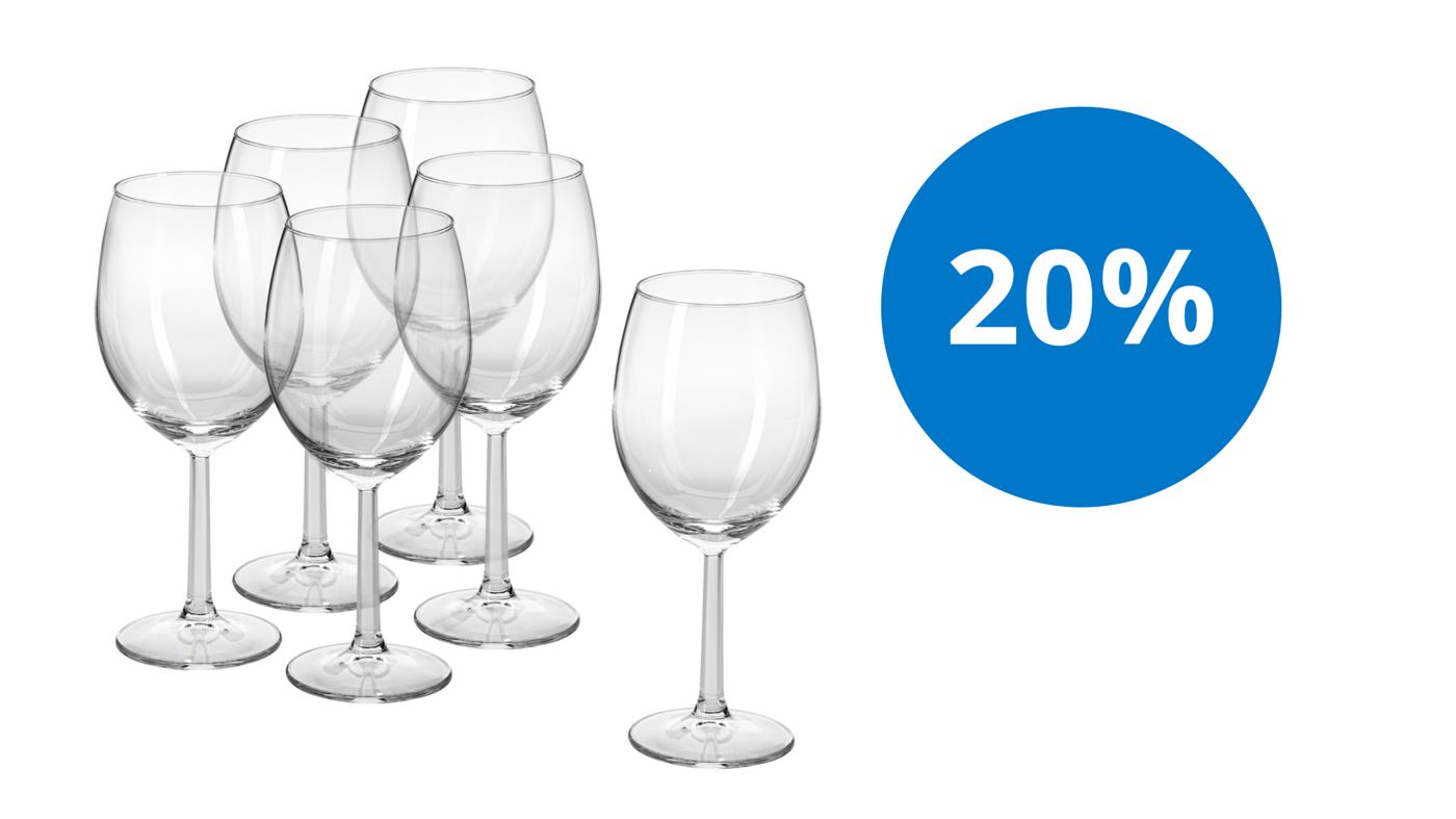 6 vinglas og en blå cirkel med teksten 20% på.