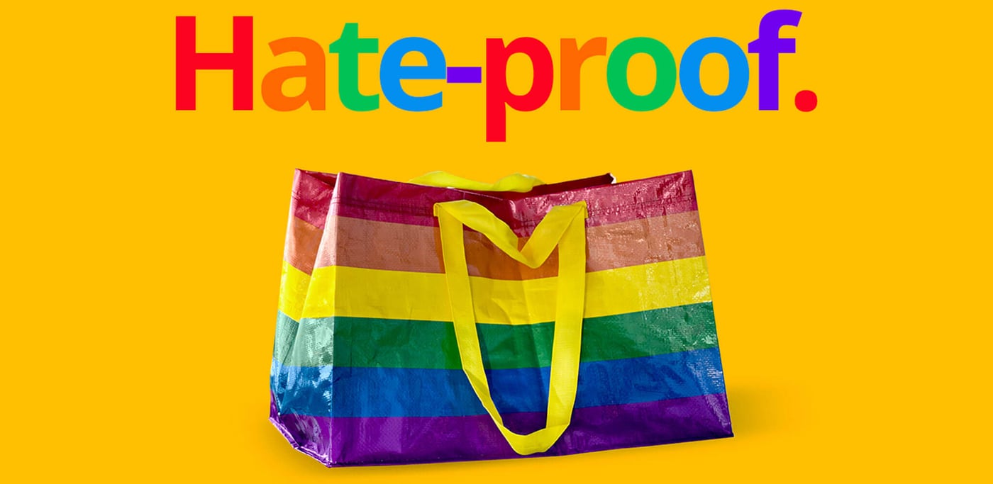 A rainbow bag with the word "Hate-proof", Linking to Newsroom article