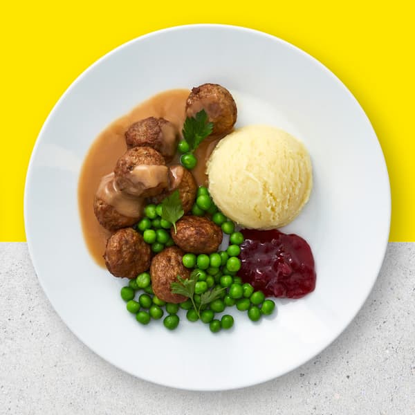 8 Swedish meatballs served with mashed potato or chips, peas, lingonberry jam and gravy.