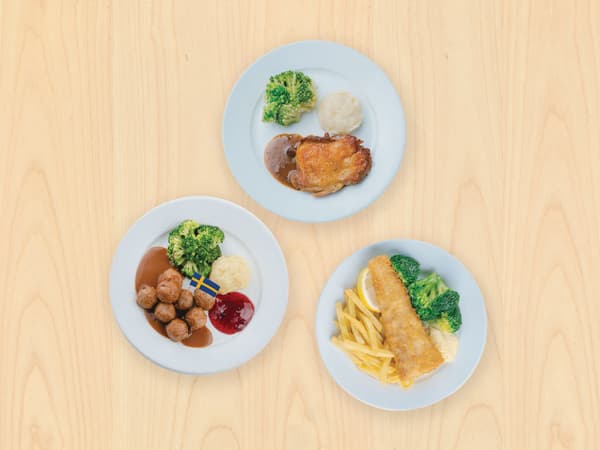 8pcs meatballs, alaska pollock fish & chips or chicken chop with wood backgound