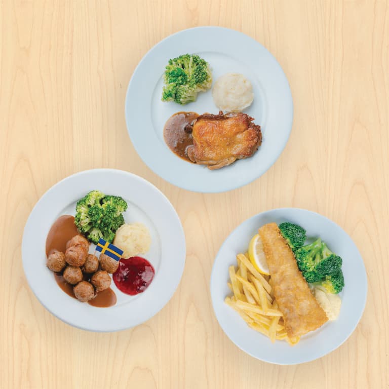 8pcs meatballs, alaska pollock fish & chips or chicken chop on a wooden background