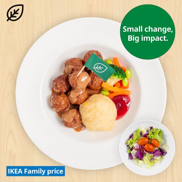 8pcs Plant balls with mashed potato and green salad. Plant food symbol at top left corner of thumbnail and sustainability message 