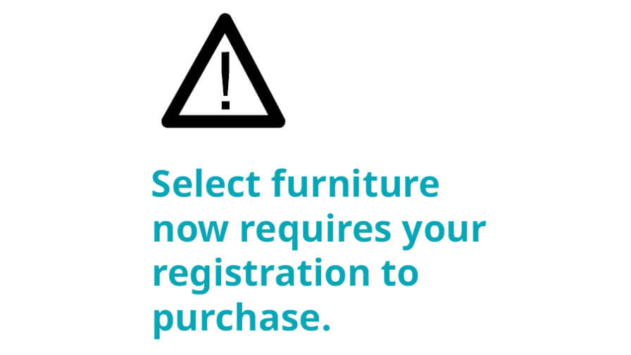 Black triangle symbol with exclamation in the center with text- Select furniture now requires your registration to purchase.