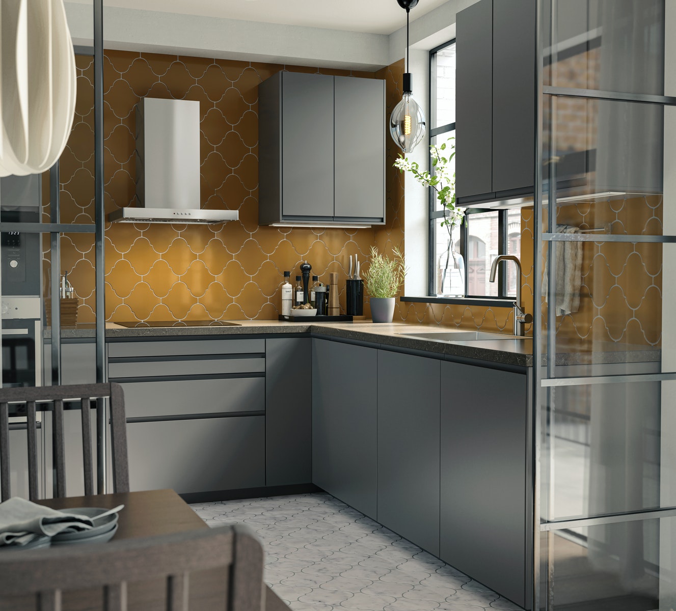 A modern and sleek home kitchen with VOXTORP IKEA IKEA