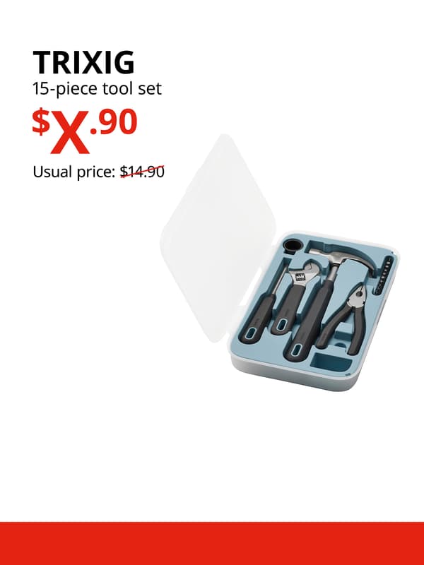 A 15-piece TRIXIG tool set product display on a white background with black text that reads "TRIXIG, 15-piece tool set, Usual price: $14.90", price in red text that reads "$X.90".