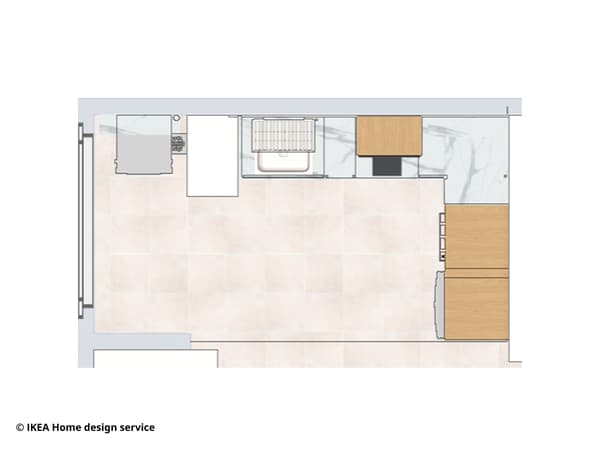 A 2D kitchen floorplan render of Aunty D's 2-room Flexi BTO in Toa Payoh