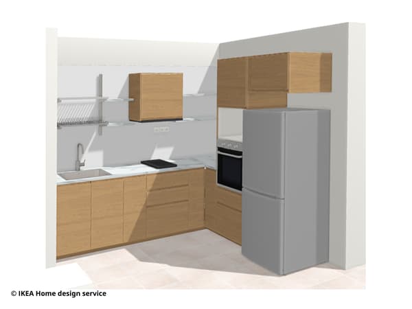 A 3D kitchen floorplan render of Kelody and Zack's 4-room BTO in Woodlands