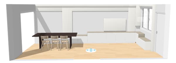A 3D render of a living room and dining area of a refreshed 3-room HDB flat, designed by IKEA Singapore Home Design Service 