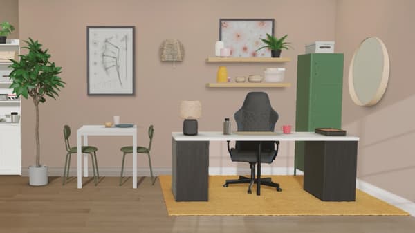 A 3D rendering of a home office with pink walls, a white and grey desk and black desk chair