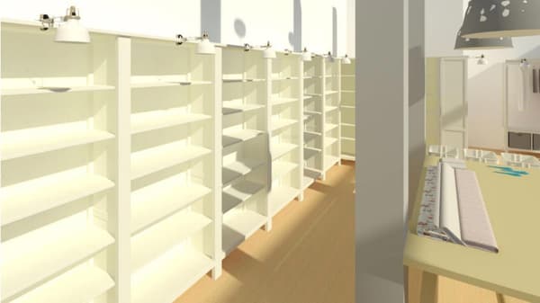 A 3D view of a shop with open shelves from a planning programme.