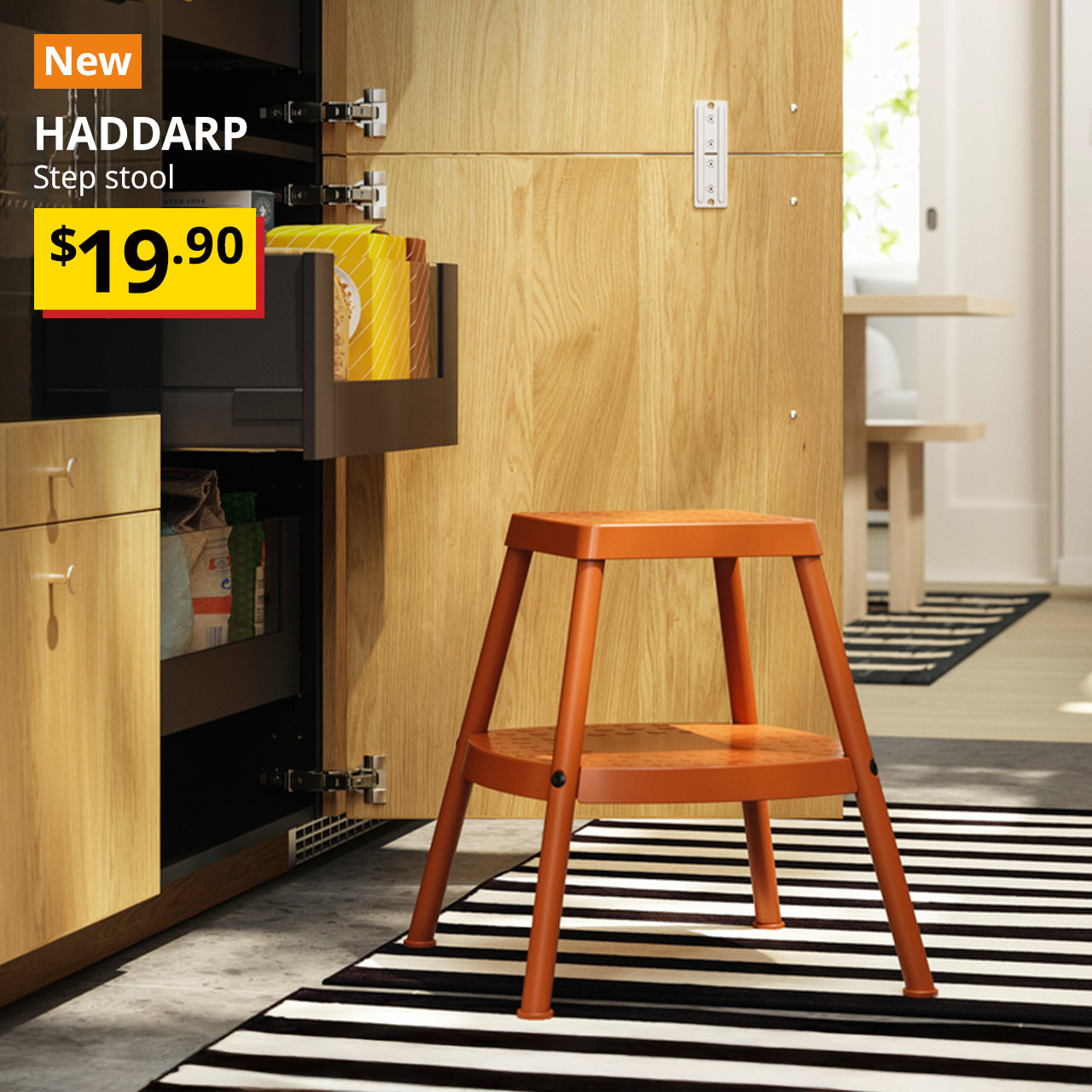 A 4-way orange HADDARP step stool in a kitchen setting. A orange with white text that reads "New". Text on image reads "HADDARP, Step stool, $19.90"