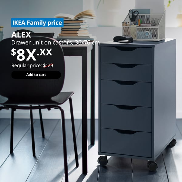A ALEX drawer unit with castors next to a dining table for easy access of stationery. On the top left corner, a blue tag with white text that reads 