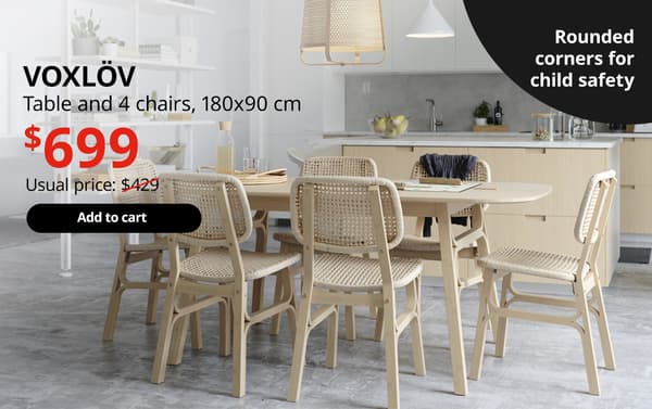 A bamboo VOXLÖV / VOXLÖV Table and 4 chairs in a kitchen-dining room setting. On the top left-hand corner, black text that reads 