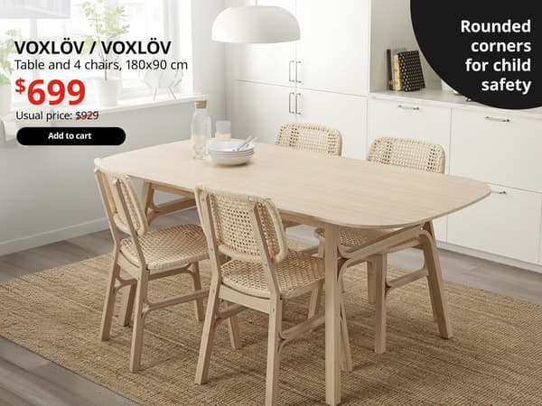  A bamboo VOXLÖV / VOXLÖV Table and 4 chairs in a kitchen-dining room setting. On the top left-hand corner, black text that reads 