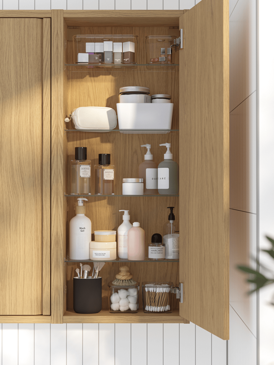 A bathroom wall cabinet with bathroom products