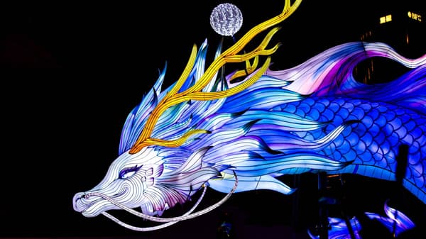 A beautiful Loong or dragon lantern named Linglong or Soul Dragon, glowing at night in a lantern exhibition to celebrate Chinese Lantern Festival.