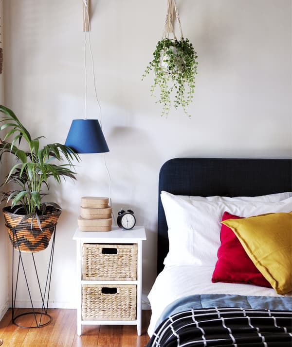 A bedroom with colourful cushions on the bed, a bedside table, and plants.