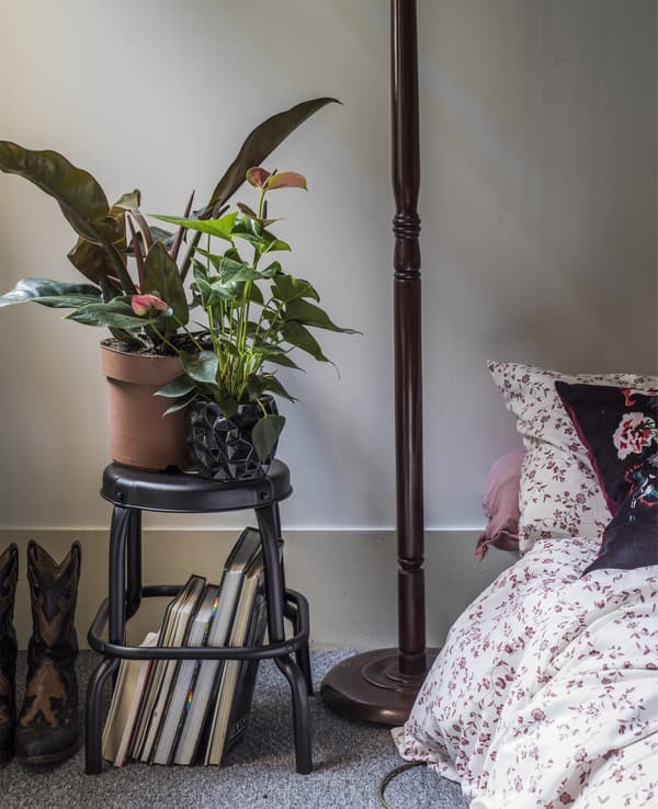 A bedside stool with potted plants on top.