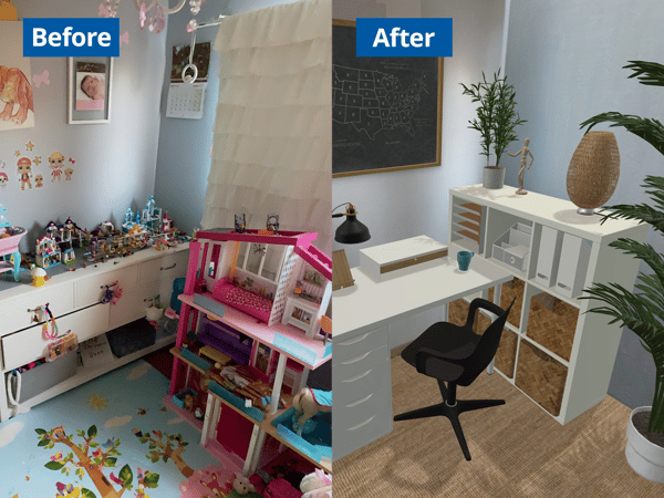 A before and after view of a child's bedroom is organised and visualised on a 3D planner tool.