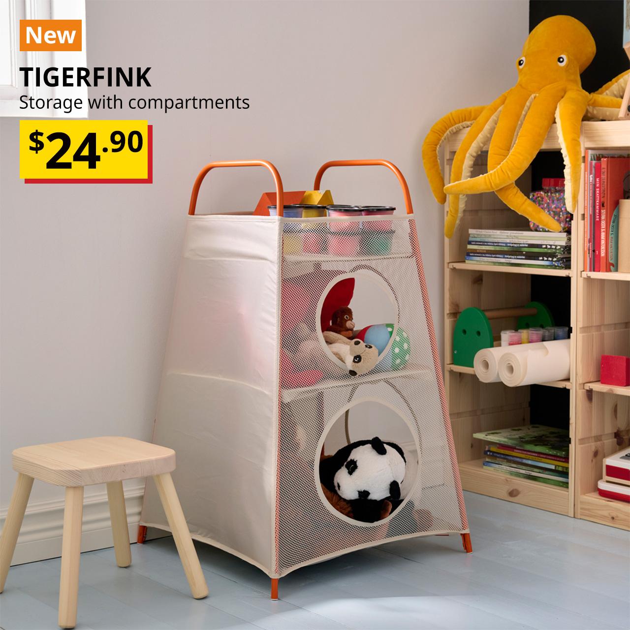 A beige/orange TIGERFINK storage unit with compartments is being used to store and organise children's soft toys in the children's room. The text on the top left of the image reads: TIGERFINK, Storage with compartments, Breathtaking Price of $24.90.