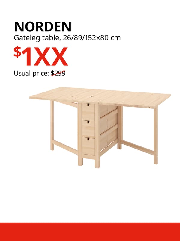 A birch NORDEN gateleg table on a white background with black text that reads "NORDEN, Gateleg table, birch, 26/89/152x80 cm, Usual price: $299", price in red text that reads "$1XX".